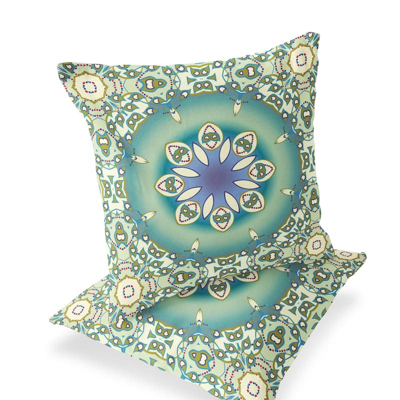 HomeRoots Set of Two 16" X 16" Beige and Green Blown Seam Floral Indoor Outdoor Throw Pillow - 16.00' X '16.00' X '5.00