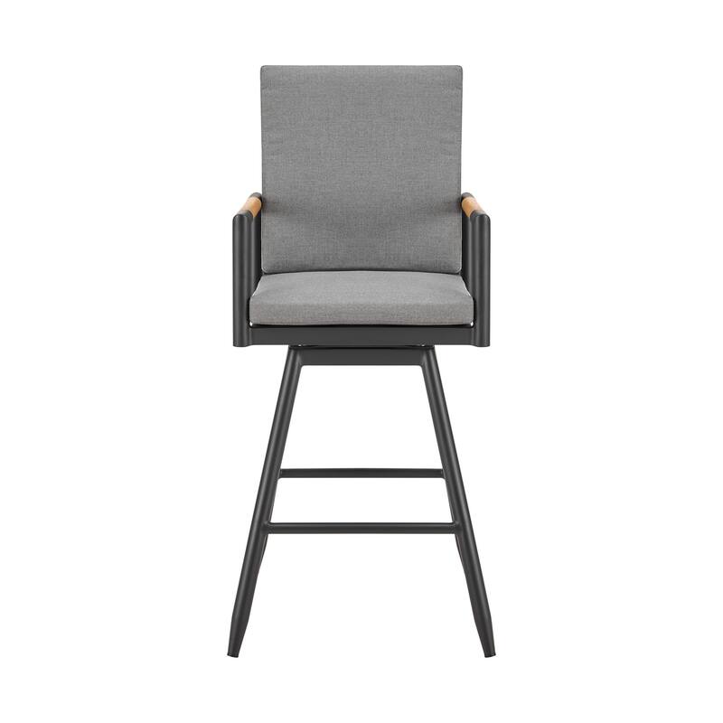 Razi 30 Inch Outdoor Swivel Barstool Chair, Black Aluminum, Gray Cushions