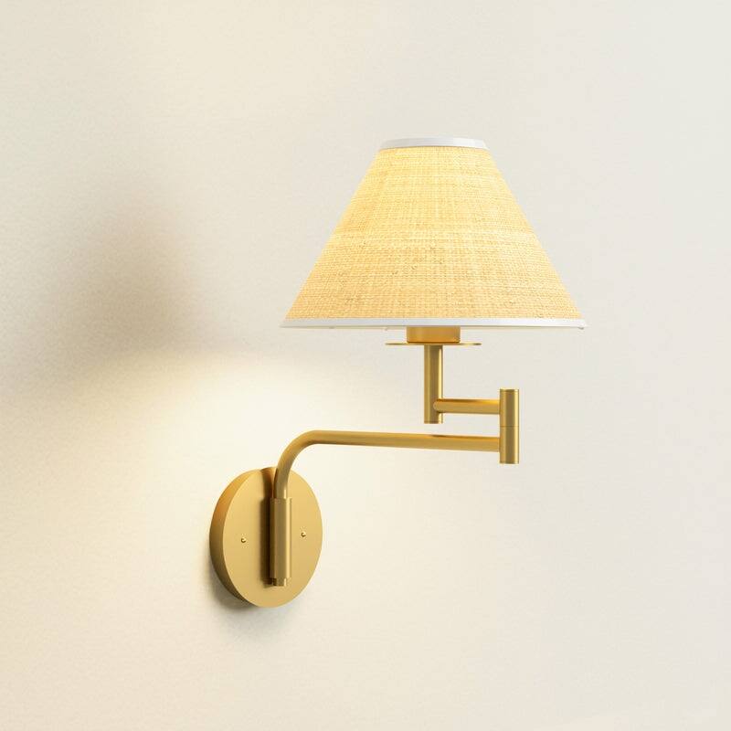 Rowabi Naia Rattan Sconce Metal, Raffia & Natural Beige, Gold 1-Light Handwoven Wall Sconce for Bedroom, Hallway in Modern Style - Round Cone Raffia Shade