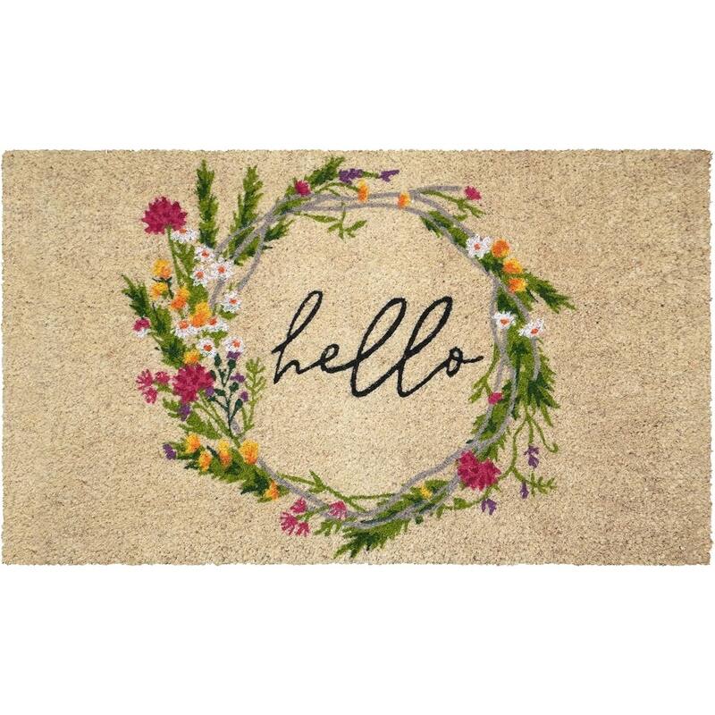 HomeRoots 18" X 30" Brown Green And Black Floral Hello Outdoor Coir Door Mat - 18.00' X '30.00