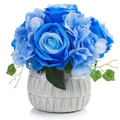Enova Home Mixed Artificial Silk Hydrangea and Roses Faux Flowers Arrangement in Ceramic Pot for Home Office Wedding Decoration