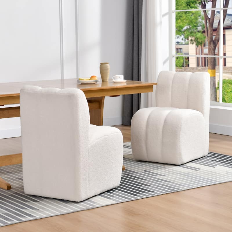 Upholstered Rolling Dining Chair with Casters - Set of 2 - Faux Sheepskin