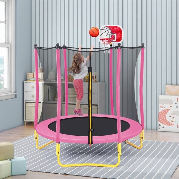 slide 2 of 31, 5.5 FT Mini Toddler Kids Trampoline with Enclosure, Basketball Hoop Pink