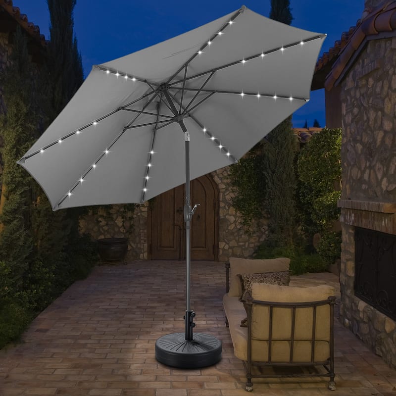 Ainfox 10ft Patio Umbrella with Lights Outdoor Solar Umbrella - Grey with Base