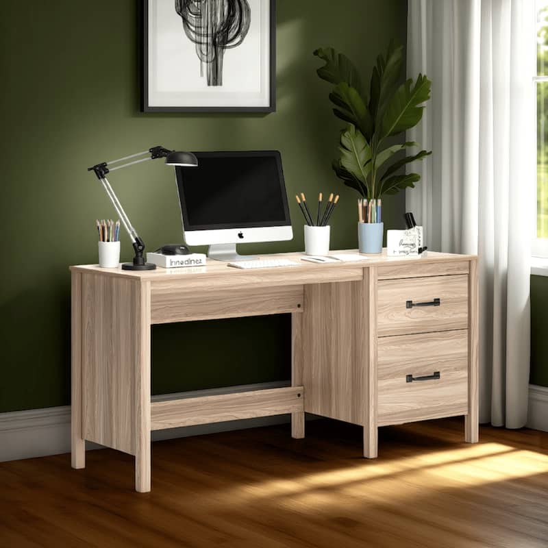 Bette Home Office Desk, 60 Inch Rectangular Brown Top w Side Cabinet
