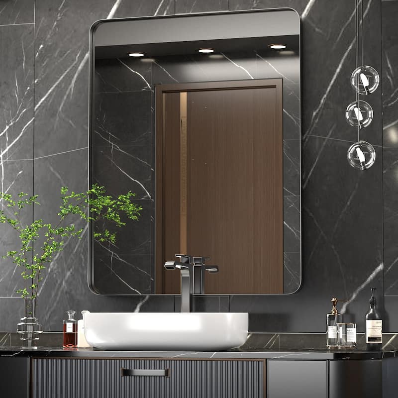 Modern Wall Mirror, Rectangular Mirror with Metal Frame, Bathroom Mirror with Round Corner Vanity Mirror for Vertical/Horizontal - 22W * 30H Inches - Black
