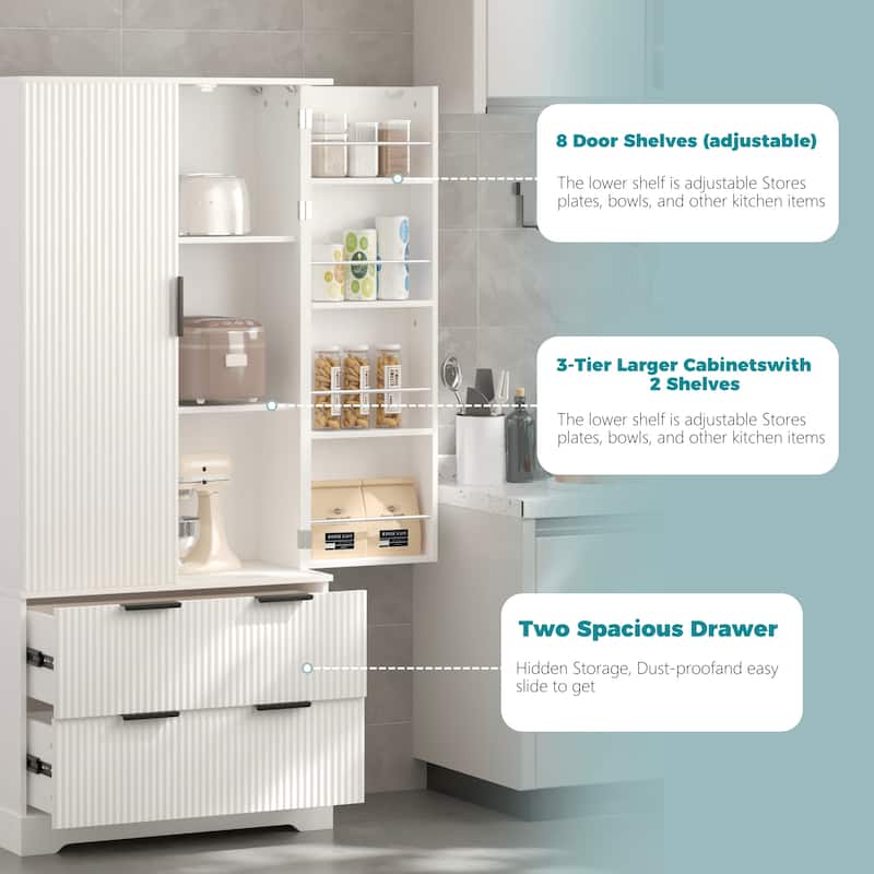 Farmhouse Kitchen Pantry Cabinet with 2 Deep Drawers & 8-Door Spice Rack - Storage Cupboard for Dining Room (72" Tall)