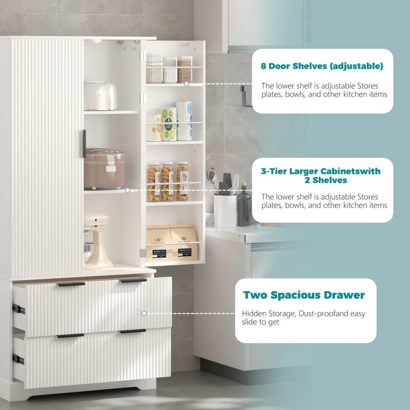 Pantry Cabinet with 2 Large Drawers and 8-Door Spice Rack