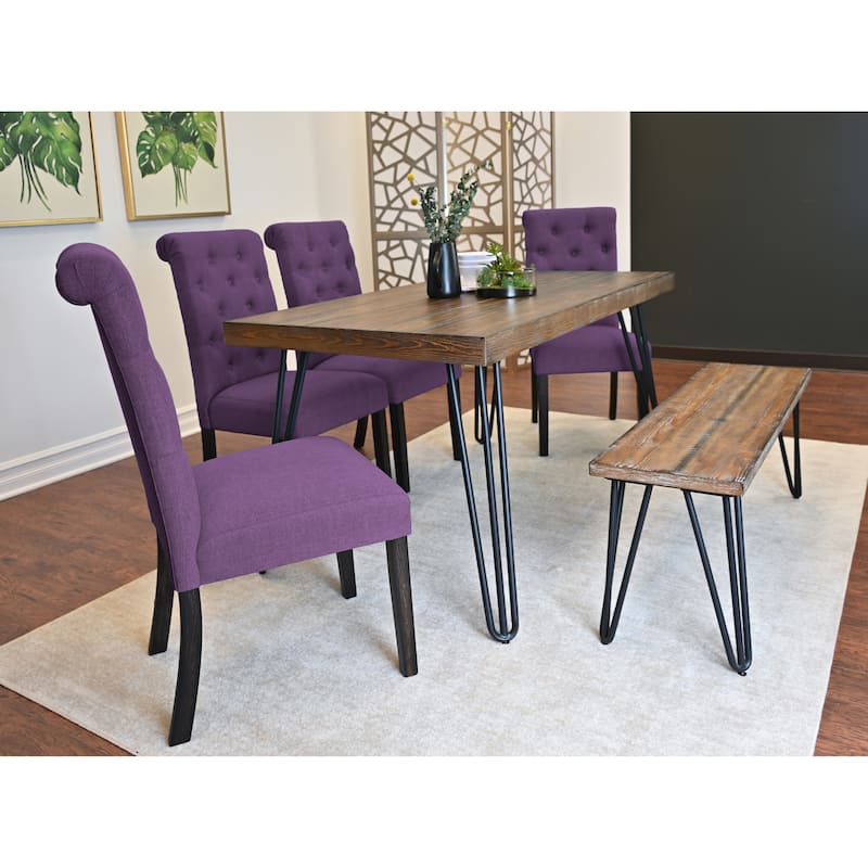 Simple Dining Table Set with Purple Padded Seating Chairs and Bench - Brown Purple