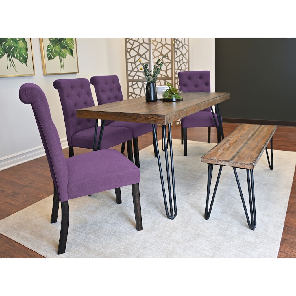 Simple Dining Table Set with Purple Padded Seating Chairs and Bench