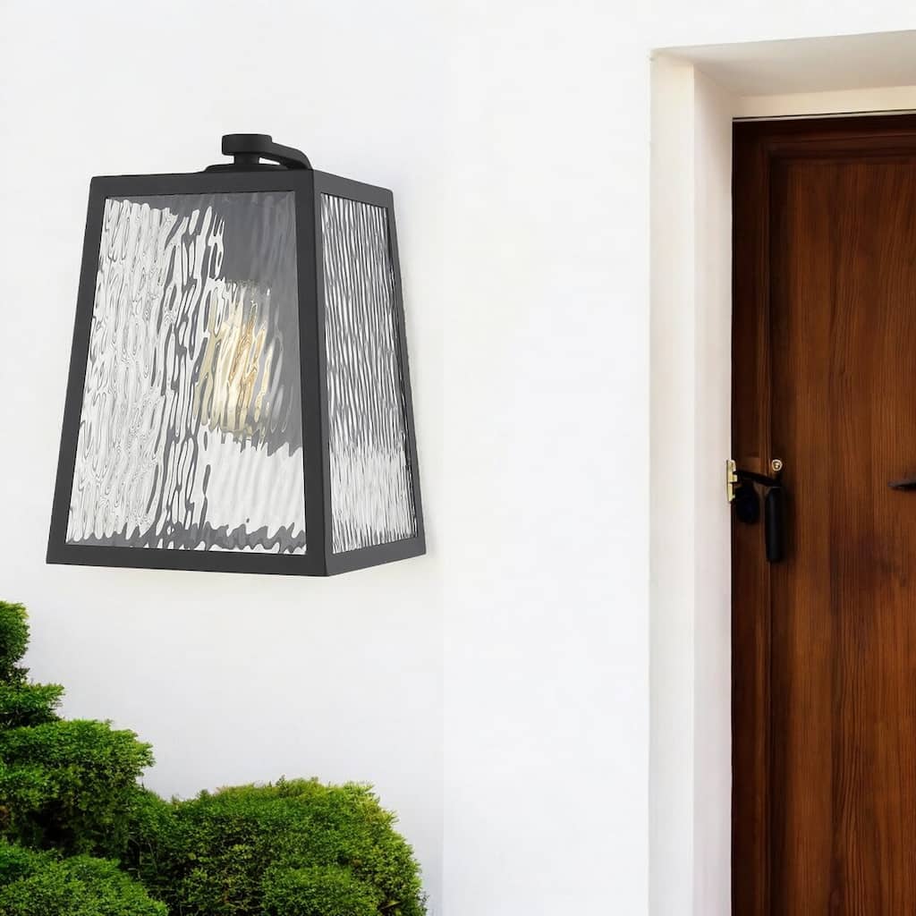 1-Light Matte Black Wall Light with Seeded Glass Panels for Outdoors - 10.50” x 8.50” x 12.50”