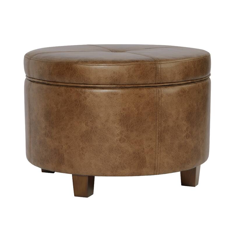 Soni Round Storage Ottoman, 24 Inch Brown Faux Leather, Wood Legs