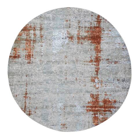 Shahbanu Rugs Wool and Silk Persian Knot with Abstract Design Denser Weave Silver Hand Knotted Round Oriental Rug (6'1" x 6'1")