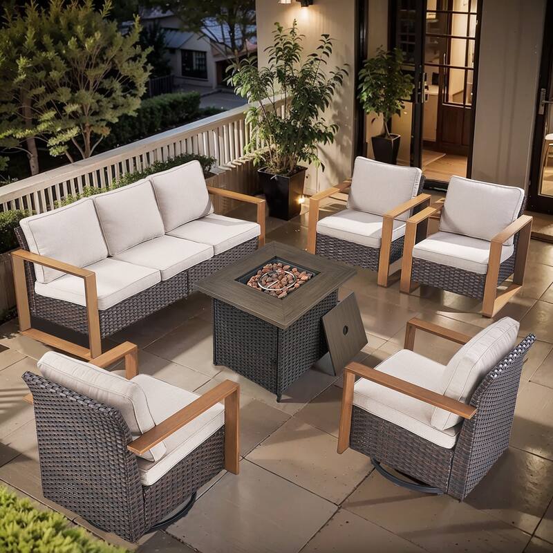 Pocassy Outdoor Fire Pit Conversation Set 3-Seat Sofa Chairs Patio Furniture Set - Brown Wicker Beige Cushion - 6-Piece Sofa Chair with Fire Table