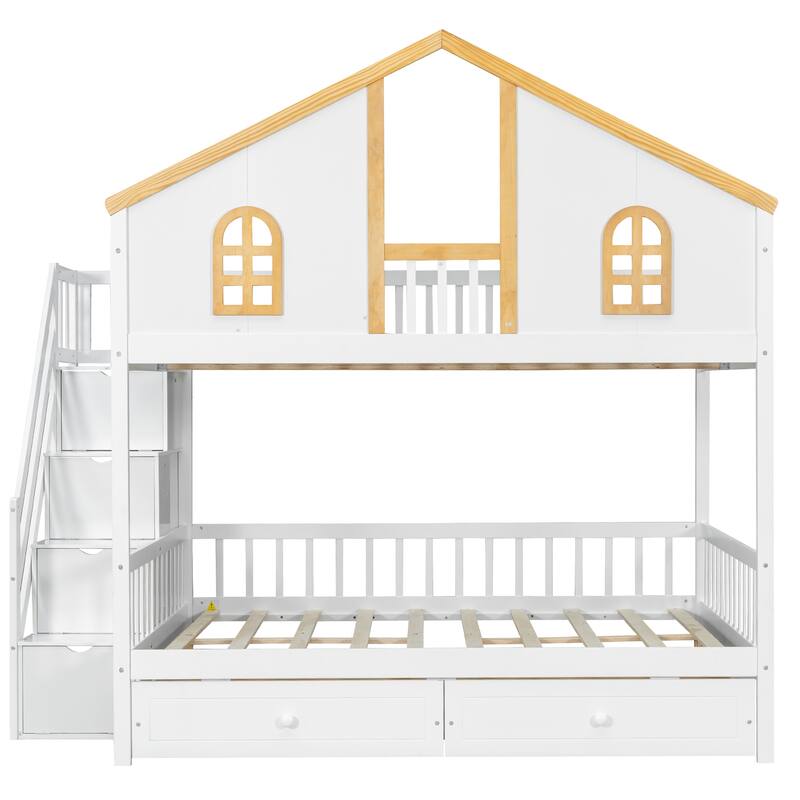 Fairytale Bunk Bed with Window Door House-shaped Roof Frame and Storage Staircase, Optional with Storage Drawers or Trundle Bed