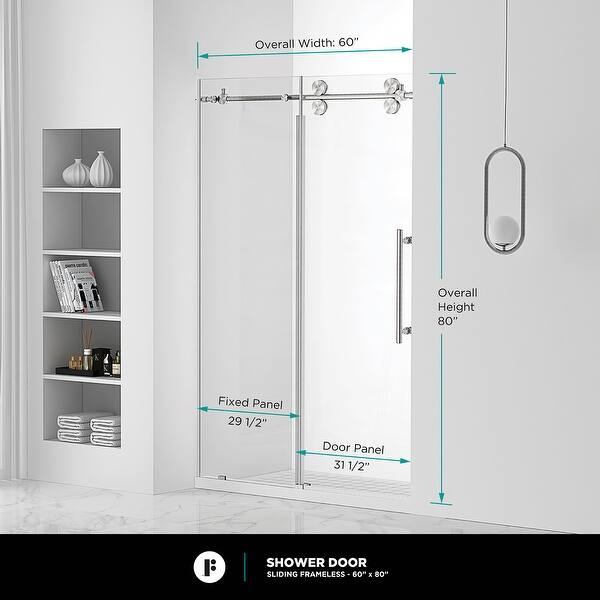 dimension image slide 16 of 25, Fine Fixtures Frameless Clear Sliding Bathroom Shower Door