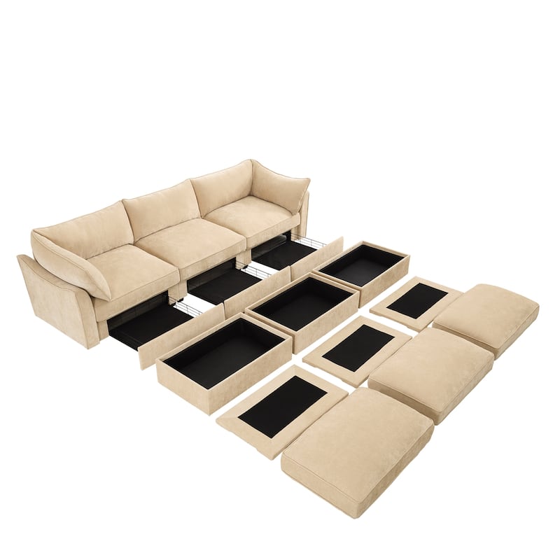 Modular Upholstered Sofa with 3 Ottomans and Storage Drawers, Deep Seat Chenille Sleeper Couch for Living Room, Home Theater