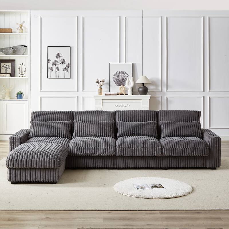 Modern 126-inch Corduroy Sofa with 4 Cushions, Movable Footrest, USB Ports, and Cup Holders