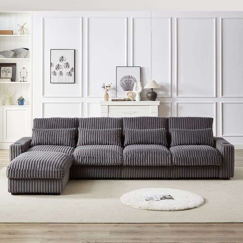 Super Large 126-Inch Corduroy L-Shaped Sofa with Cup Holders, USB Port, Movable Footrest, and 8 Cushions.