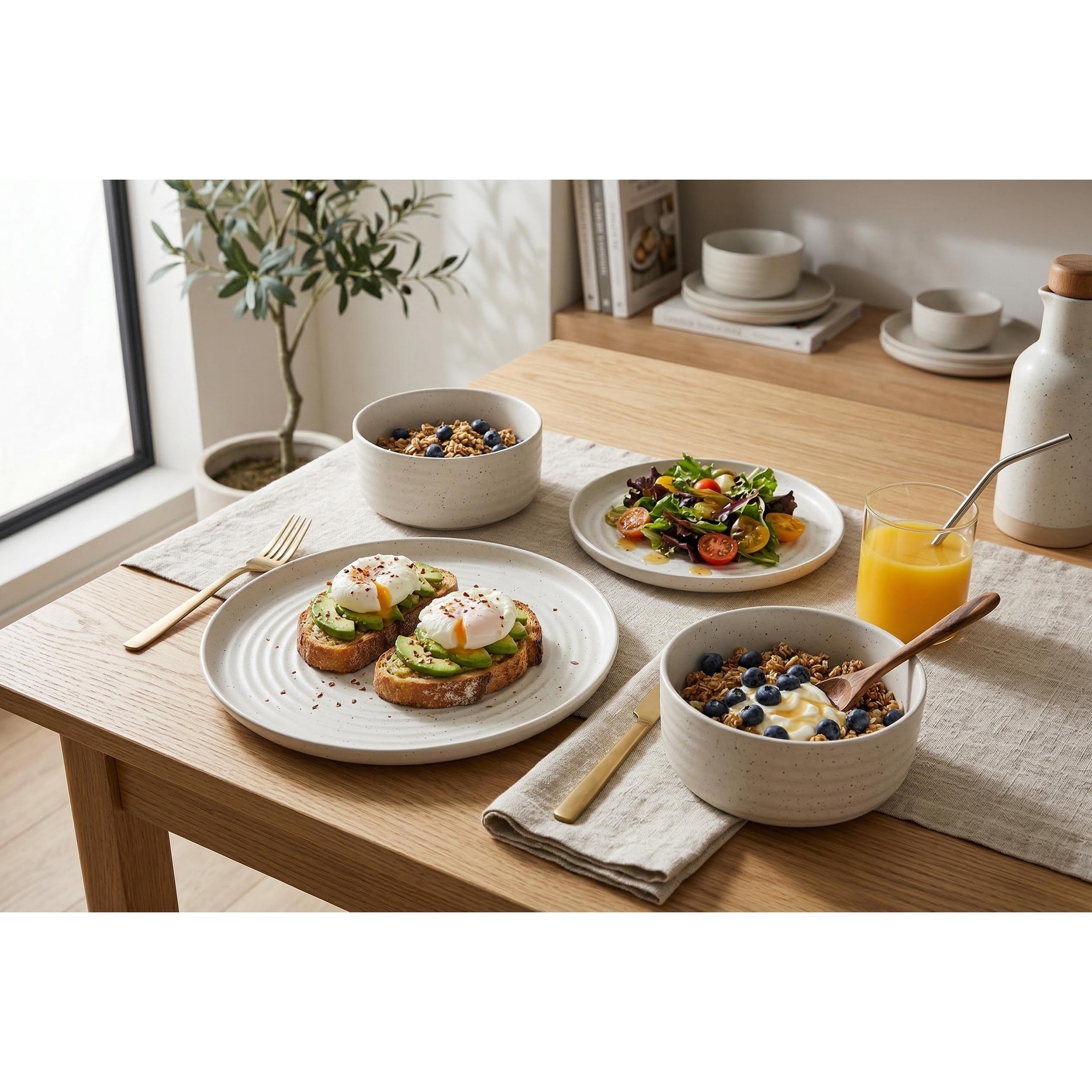 Rachel 12-Piece Stoneware Dinnerware Set, Service for 4 - Textured Ribbed Plates and Bowls, Speckled Off-White