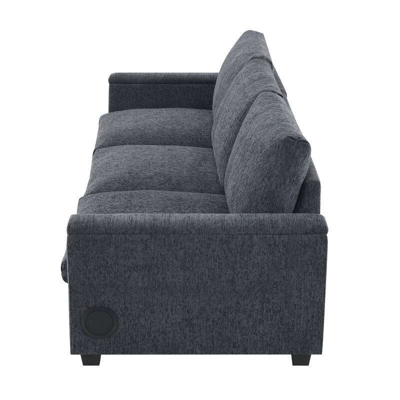 Chenille Cloud Sofa with Cup Holders, USB Port & Bluetooth Speaker, Convertible Loveseat with Drop Down Table & Storage Armrest