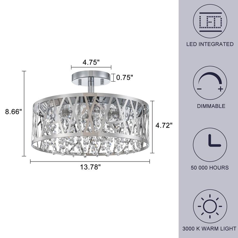 LED Semi-Flush Mount Ceiling Light Metal Carved Shade Crystal Accents - Dia.13.78-in