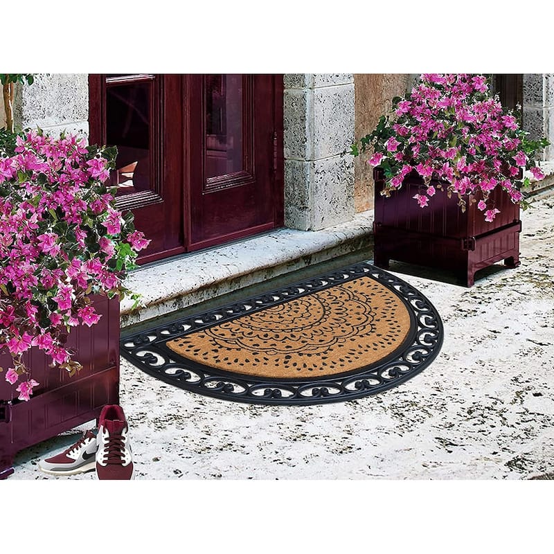 Floral Design Half Round Rubber and Coir Large Outdoor Entrance Durable Doormat 30"X48"