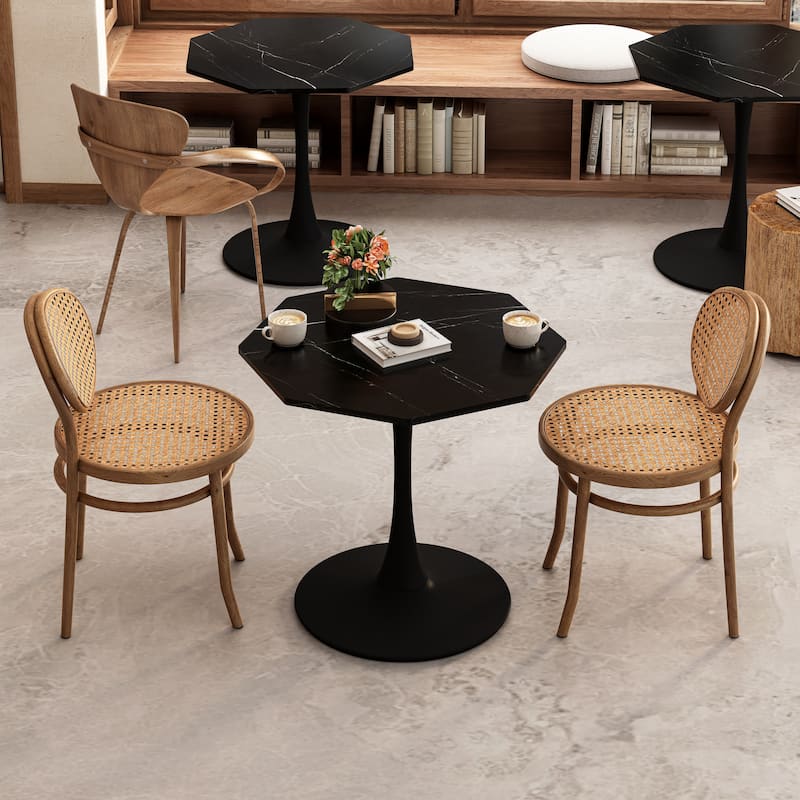 Dining Side Table with Metal Base - Printed Black Marble