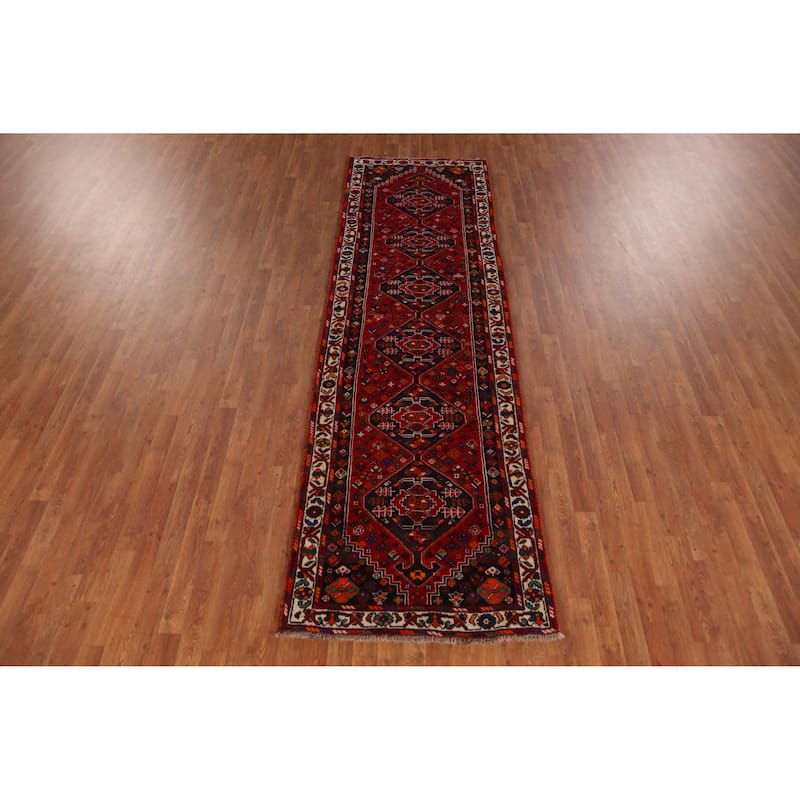 Hand Knotted Oriental 100% Wool Carpet Traditional Tribal Red Shiraz Runner Rug - 10' 8'' X 3' 2''