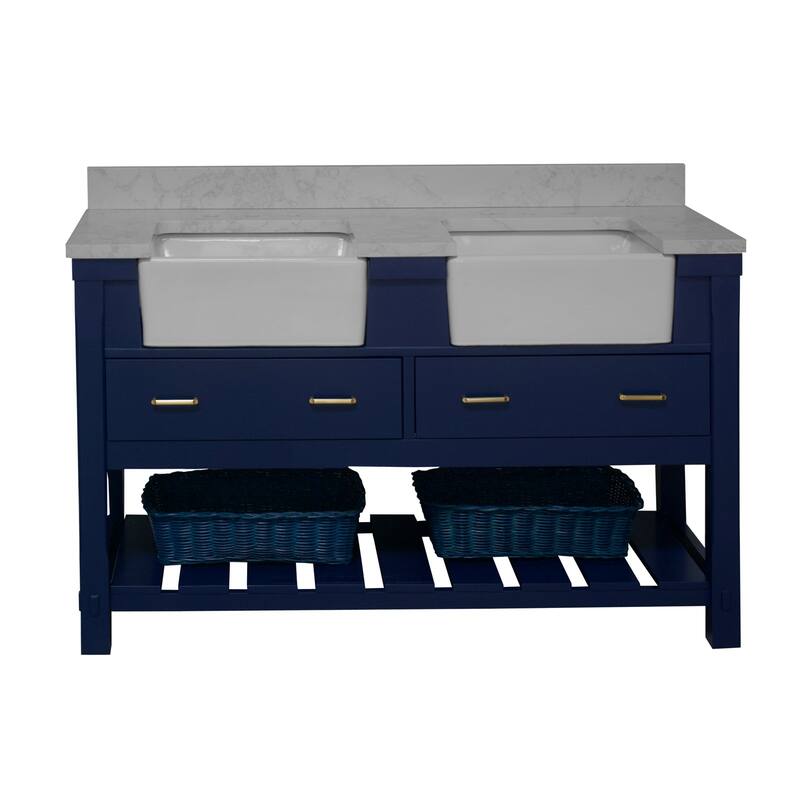 KitchenBathCollection Charlotte 60" Double Farmhouse Bathroom Vanity with Engineered Carrara Top