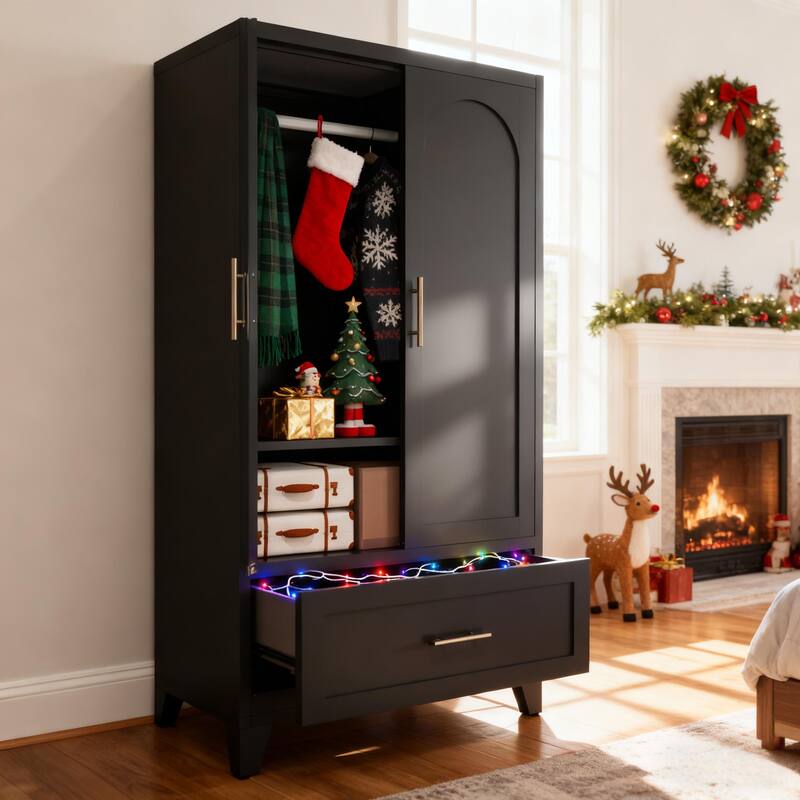 60" Tall Metal Wardrobe Cabinet with Drawer, Hanging Rod & Shelf, 2-Door Closet