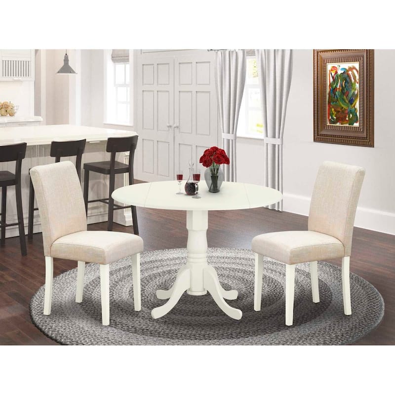 Round Dining Table Set 3pc 42" Table w/ Drop Leaves & 2 Parsons Chairs - Linen Beige Fabric