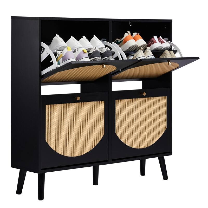 Rattan Shoe Cabinet with 2 / 4 Flip Drawers, Narrow Shoe Storage Cabinet,Organizer for Entryway, Bedroom, Living Room