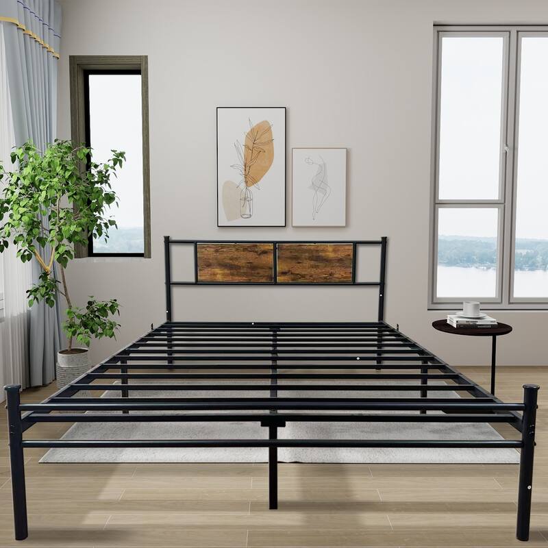 Queen Size Metal Platform Bed with Wood Panel Headboard, 900lb Capacity and 14" Under-Bed Storage