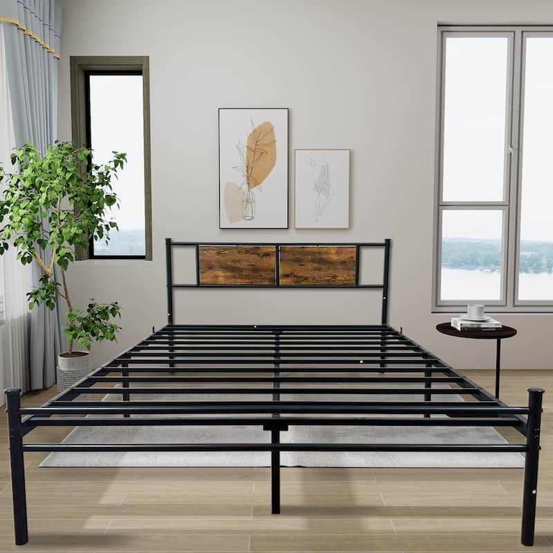 Sturdy Metal Bedframe with Wood Headboard, Underbed Storage, 900lbs Capacity