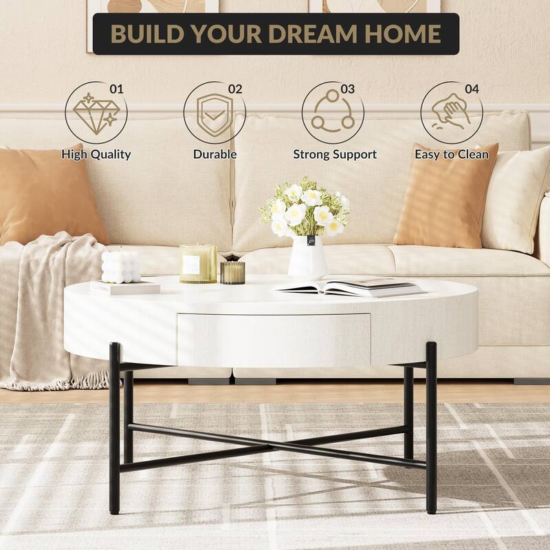 Round Coffee Table with Storage with Drawers Farmhouse Circle Table