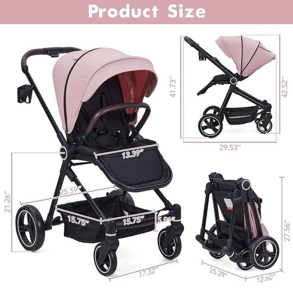 dimension image slide 1 of 2, Foldable Baby Stroller,High Landscape Stroller for Toddlers, Convertible Infant Pram - N/A