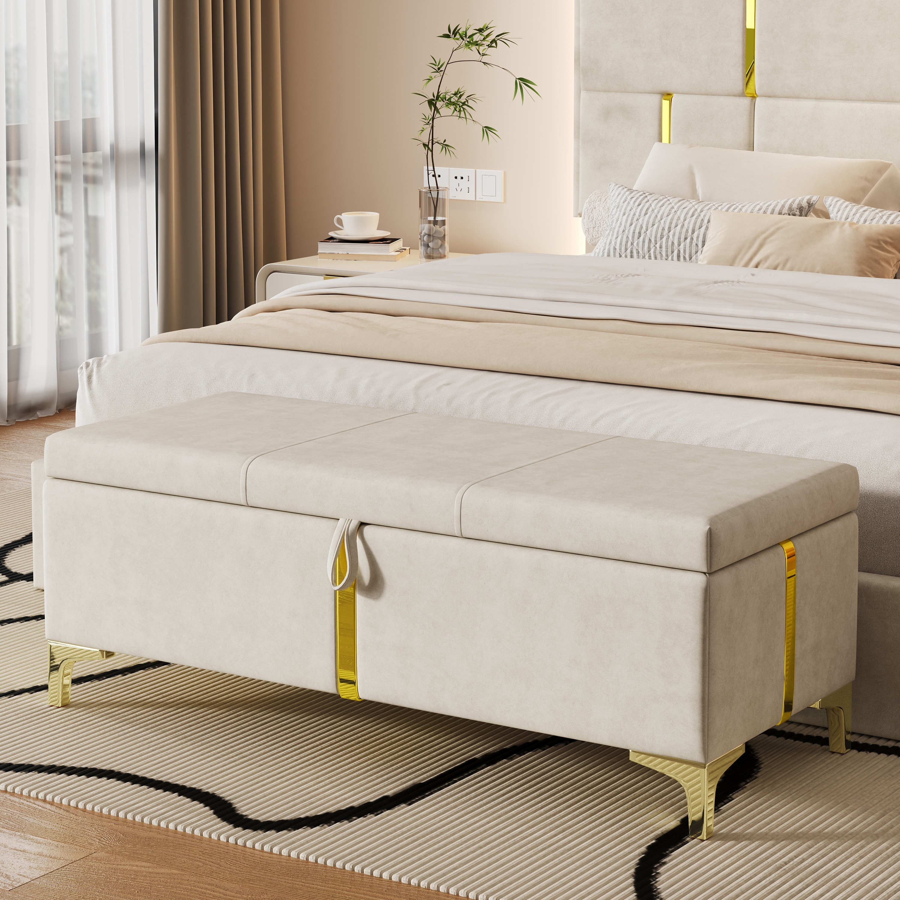 Elegant Upholstered Storage Ottoman, Storage Bench with Metal Legs for Bedroom, Living Room, Fully Assembled Except Legs, Beige