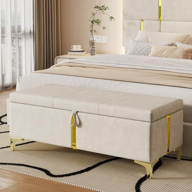Elegant Upholstered Storage Ottoman Padded Bench with Metal Legs, Beige Accent Bench Velvet Vanity Bench