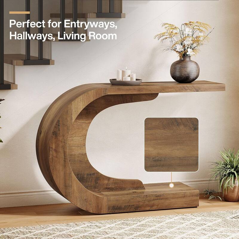 43.3 Inches Brown Wood C-Shaped Console Table, Mid-Century Modern Entryway Table for Living Room