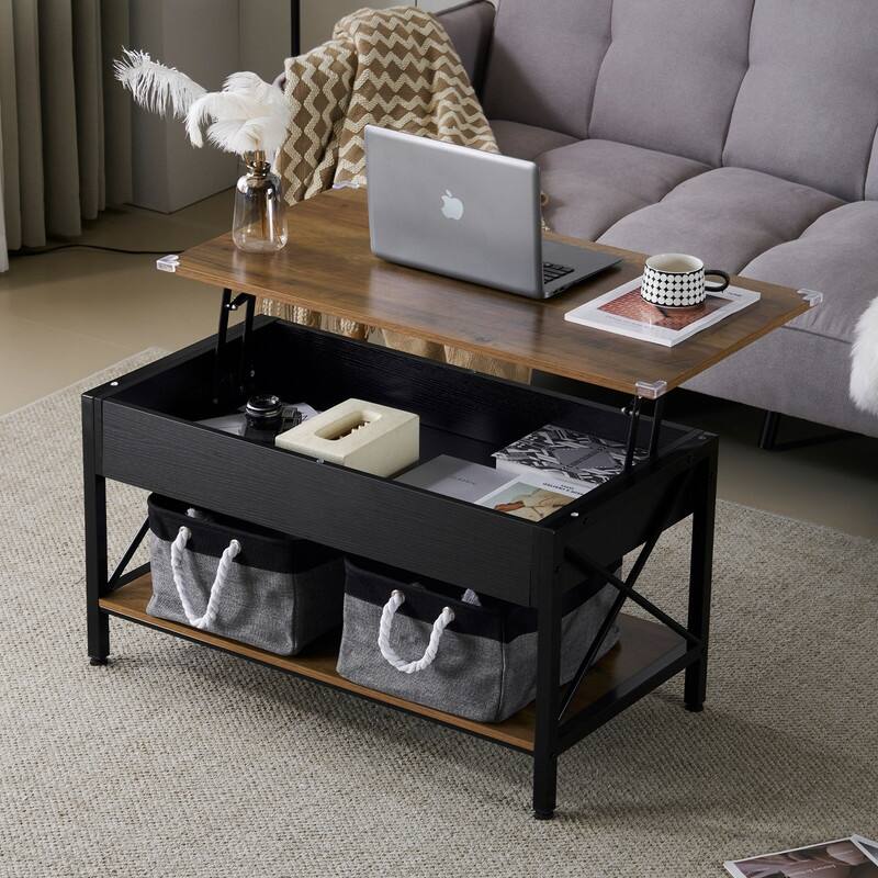 VINGLI Adjustable Side X-shaped Metal Frame Rectangular P2 Board Brown Panel Wood Grain Side Panel Coffee Table