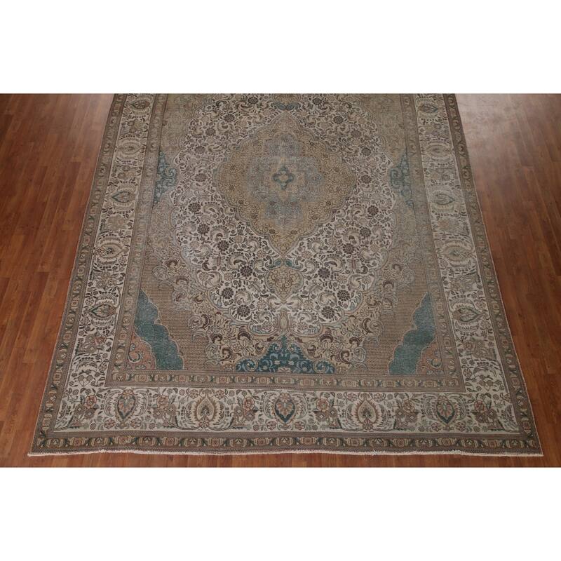 Distressed Geometric Tabriz Persian Antique Rug Handmade Wool Carpet - 9'8" x 13'5"