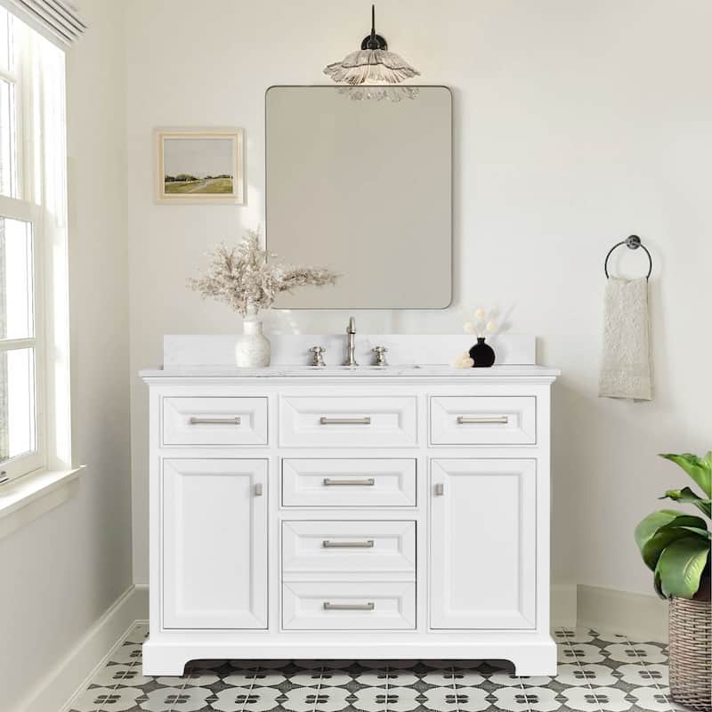 48" inch Freestanding Bathroom Vanity with Ice White Quartz Counter Top Ceramic Rectangular Sink