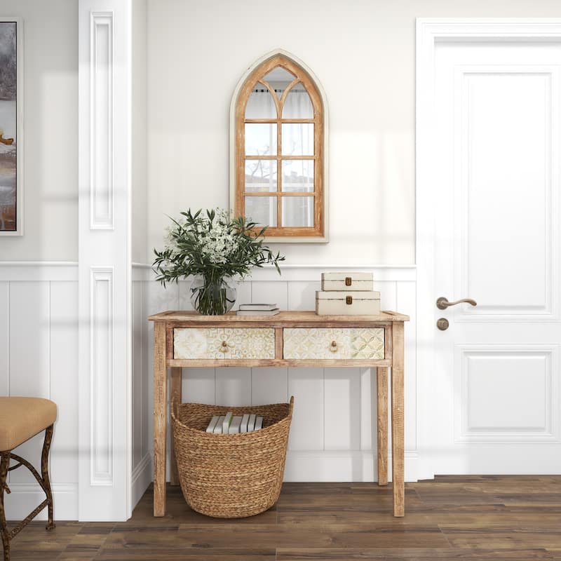 Wood Window Pane Inspired Room Wall Mirror with Arched Top and Distressing - Brown - Roche River Decor