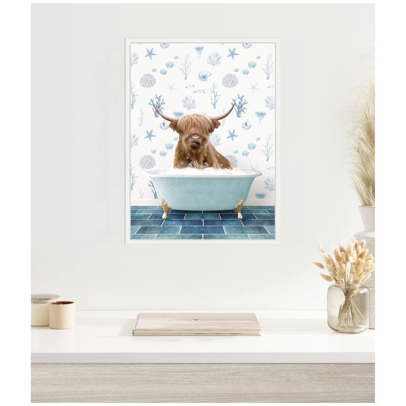 Kate and Laurel Sylvie Highland Cow in Under the Sea Bathtub Framed Canvas by Amy Peterson
