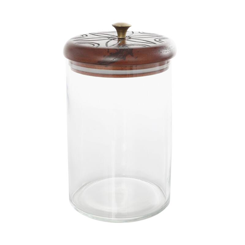 Glass Floral Carved Decorative Jars with Brown Wooden Lids and Gold Knobs - Set of 2 Clear - Roche River Decor - 5"W x 5"L x 9"H
