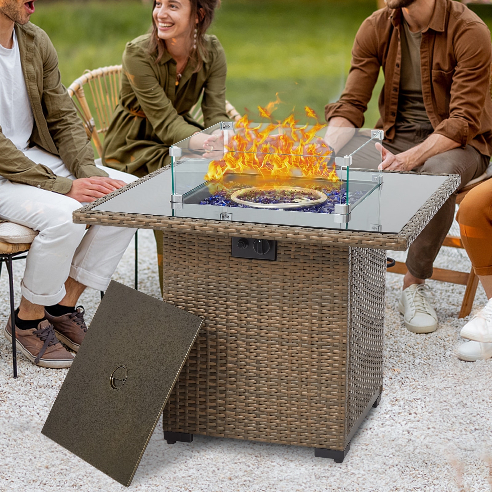 Kinsunny 32 inch Gas Fire Pit Table 2 in 1 Outdoor Propane Fire
