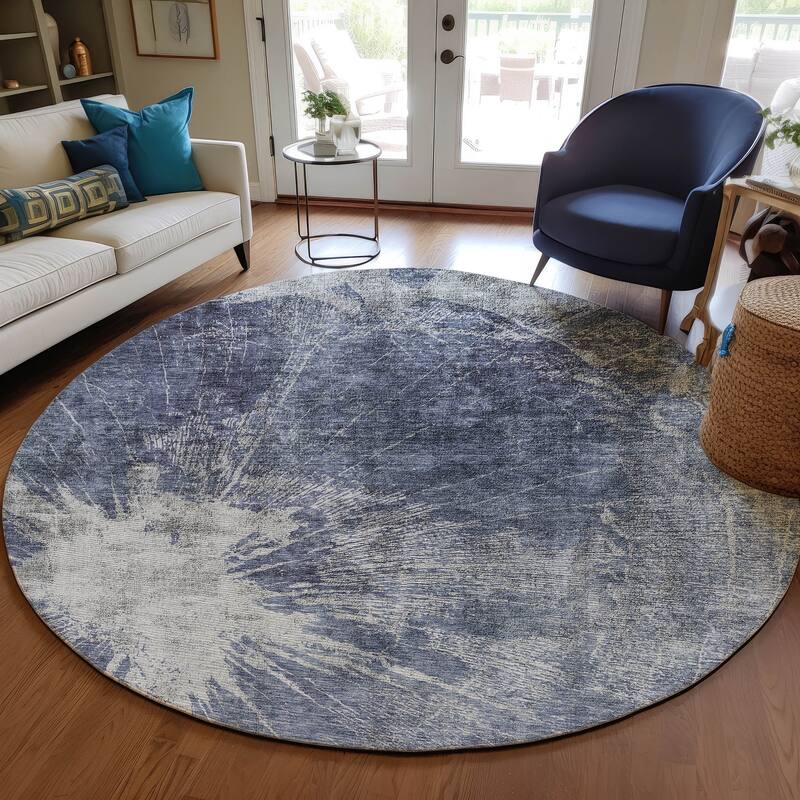 Machine Washable Indoor/ Outdoor Chantille Modern Tree Grain Rug - Navy - 8' x 8'