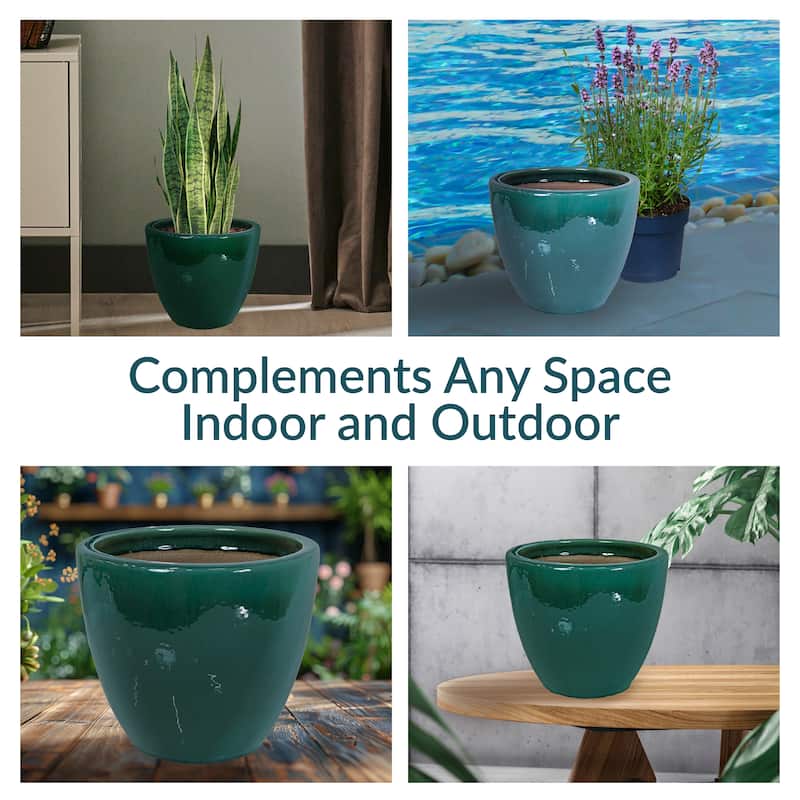Sunnydaze Resort Glazed Ceramic Planter - 14.5" - Dark Green