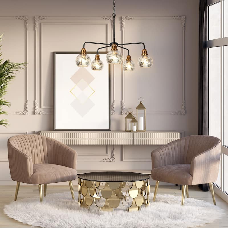 Vespa Mid-century Modern Glam 5-Light Brass Wheel Dining Room Chandelier with Globe Art Mercury Glass - 28.3'' D x 21.5'' H